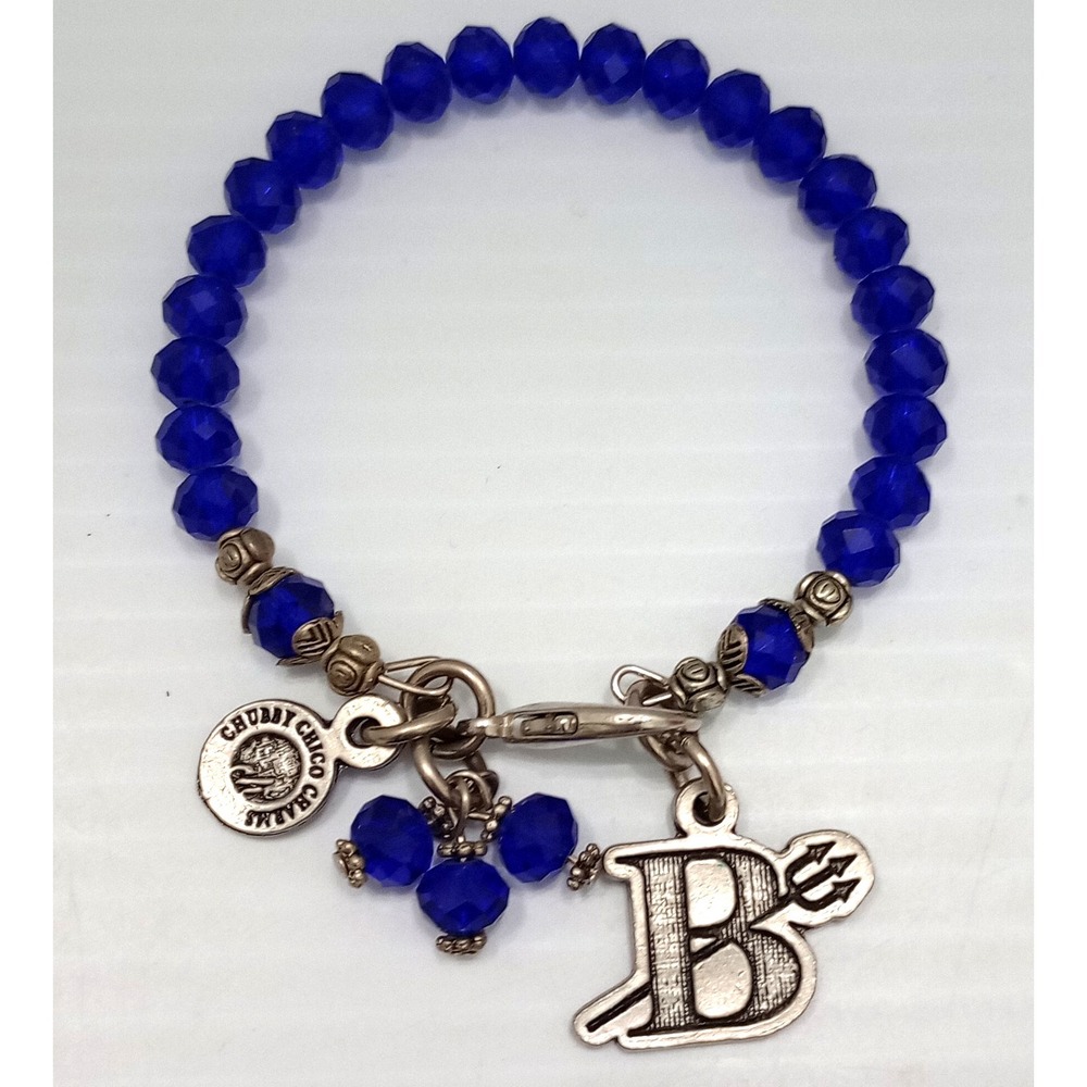 Chubby Chico's Charms Blue Beaded Charm B Bracelet‎ Silver Tone made USA